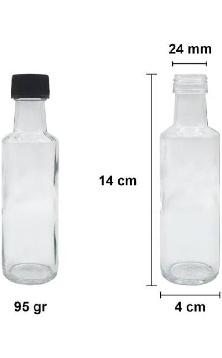 Afracam 100 cc Şeffaf Dorika Sızdırmaz Siyah Kapaklı 100 ml Yuvarlak Cam Şişe 12 Adet