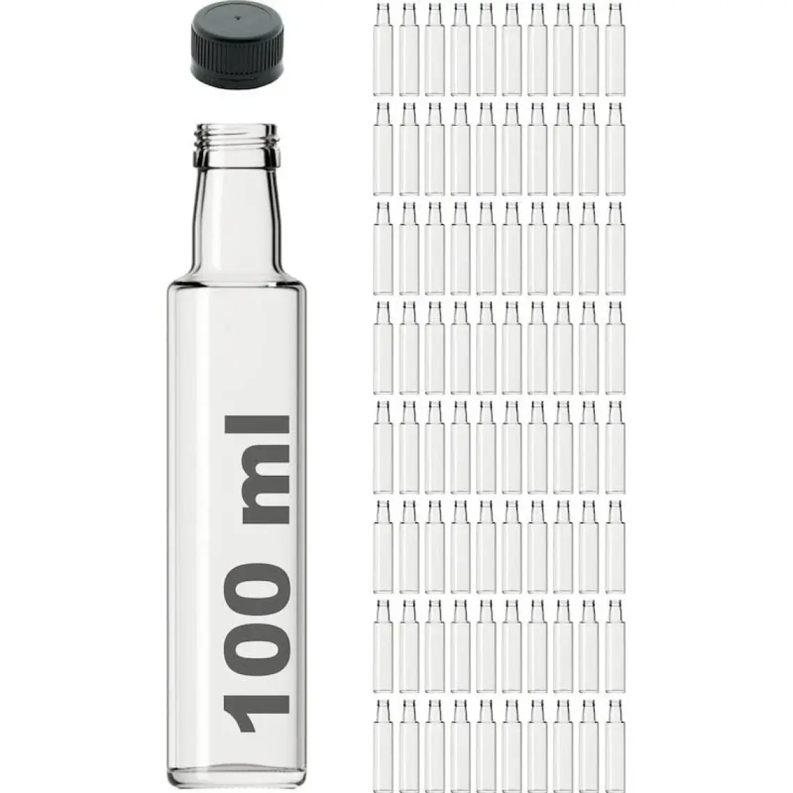 Afracam 100 cc Şeffaf Dorika Sızdırmaz Siyah Kapaklı 100 ml Yuvarlak Cam Şişe 81 Adet