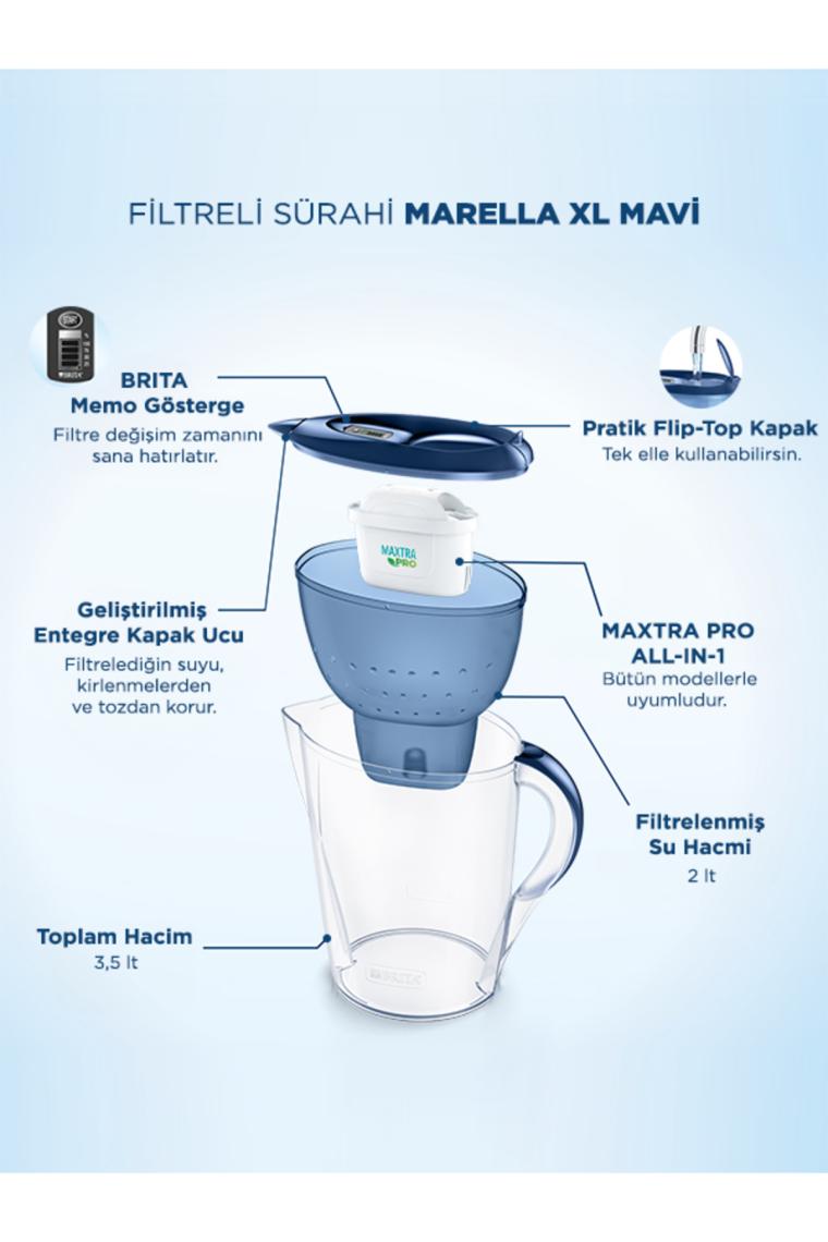 BRITA Marella XL 1x Maxtra Pro All-In-1 Filtreli Su Arıtma Sürahisi - Mavi 3,5 lt