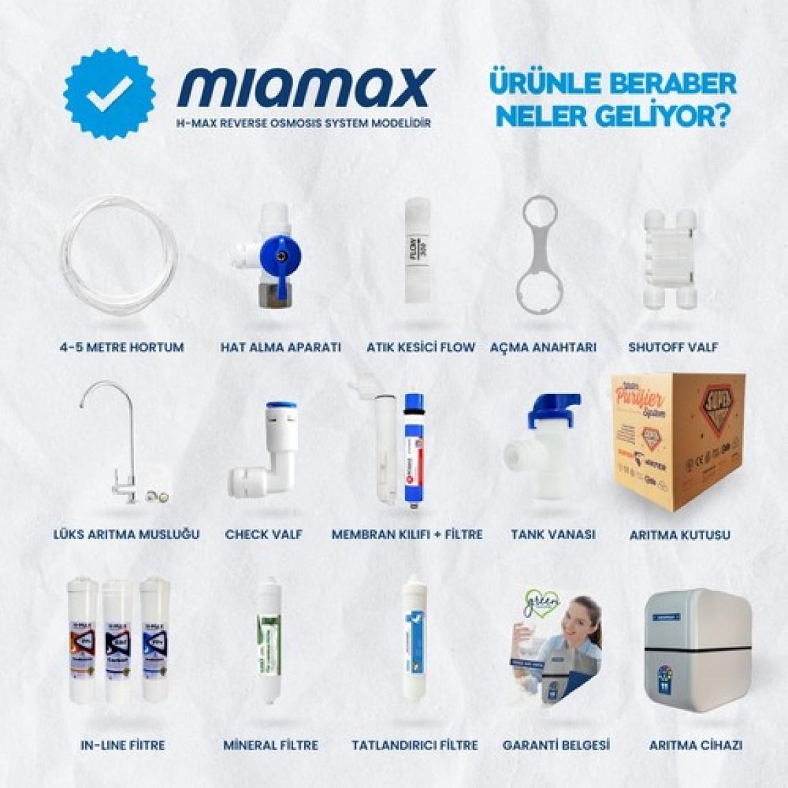 H-MAX Reverse Osmosis System Miamax 12 Aşama 9 Litre Çelik Tanklı Mineralli Su Arıtma Cihazı