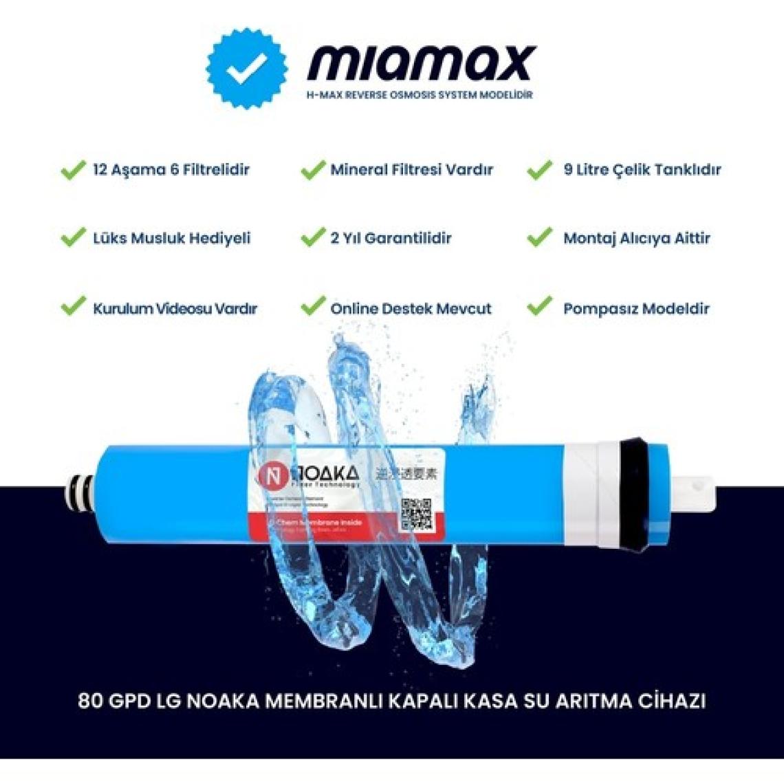 H-MAX Reverse Osmosis System Miamax 12 Aşama 9 Litre Çelik Tanklı Mineralli Su Arıtma Cihazı
