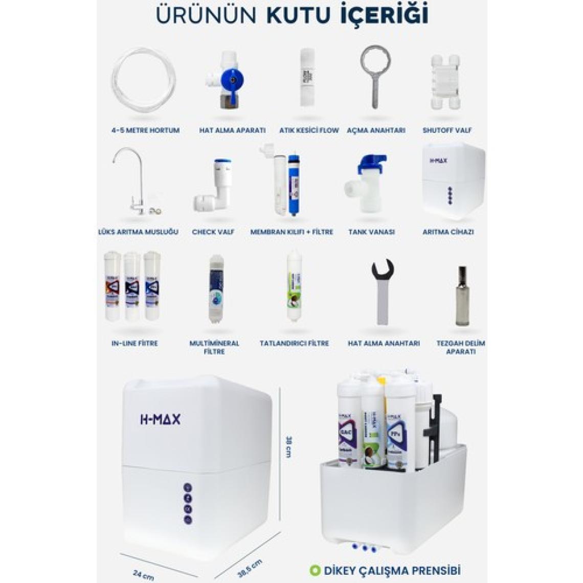 H-MAX Reverse Osmosis System 15 Aşama 9 Litre Çelik Tanklı 80 Gpd Membranlı Su Arıtma Cihazı