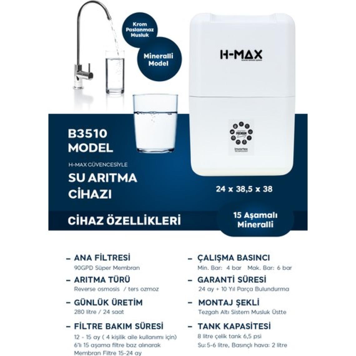 H-MAX Reverse Osmosis System 15 Aşama 9 Litre Çelik Tanklı 80 Gpd Membranlı Su Arıtma Cihazı