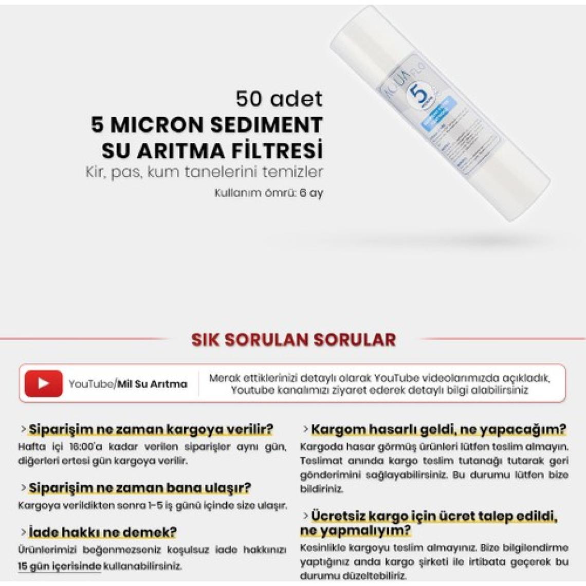 Mil Su Açık Kasa Su Arıtma Cihazı Için 5 Mikron Sediment Filtre 50 Adet