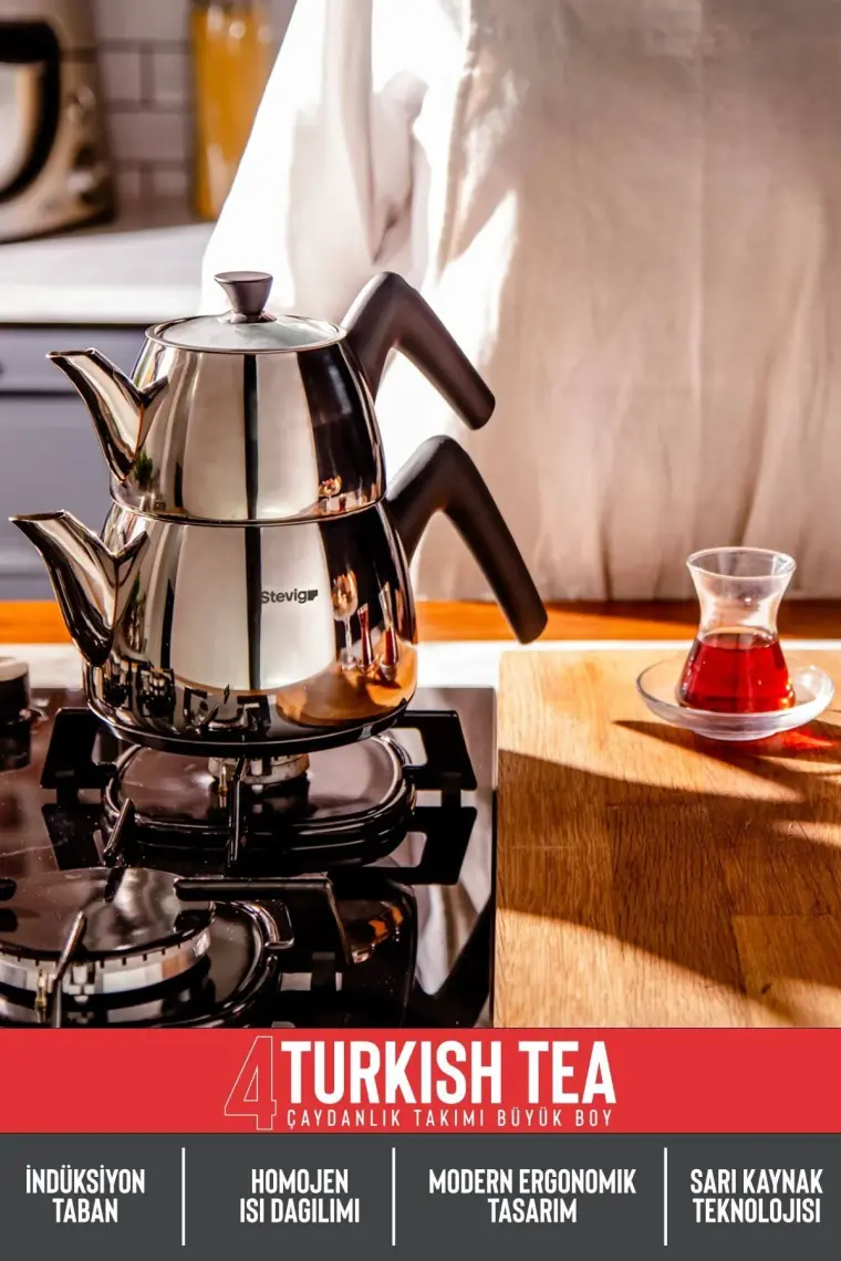Stevig 4 Turkish Tea 18/10 Paslanmaz Çelik Çaydanlık Takımı Büyük Boy ST-501