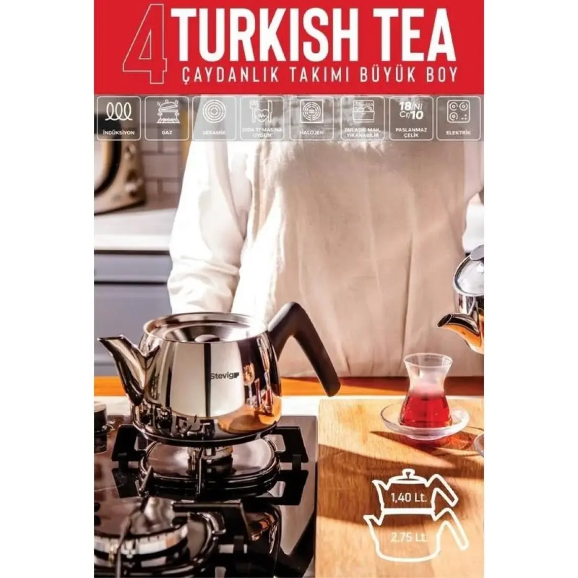 Stevig 4 Turkish Tea 18/10 Paslanmaz Çelik Çaydanlık Takımı Büyük Boy ST-501
