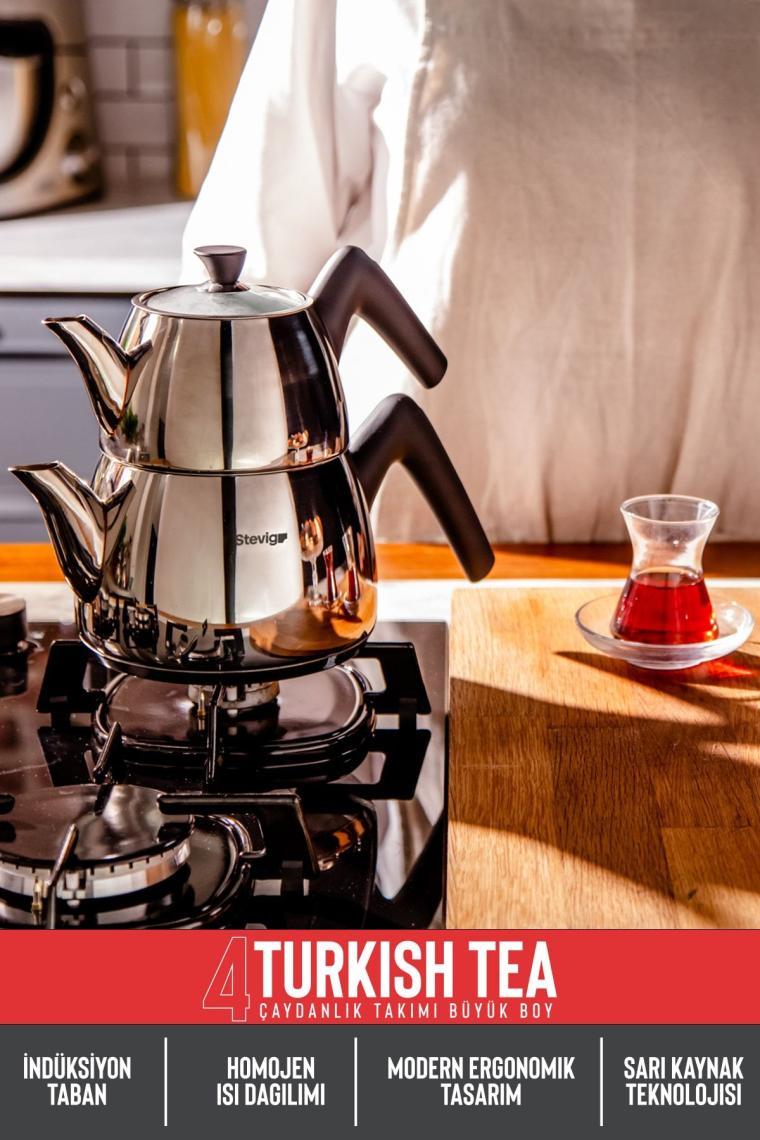4 Turkish Tea 18/10 Paslanmaz Çelik Çaydanlık Takımı Büyük Boy St-501