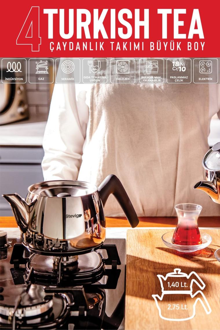 4 Turkish Tea 18/10 Paslanmaz Çelik Çaydanlık Takımı Büyük Boy St-501