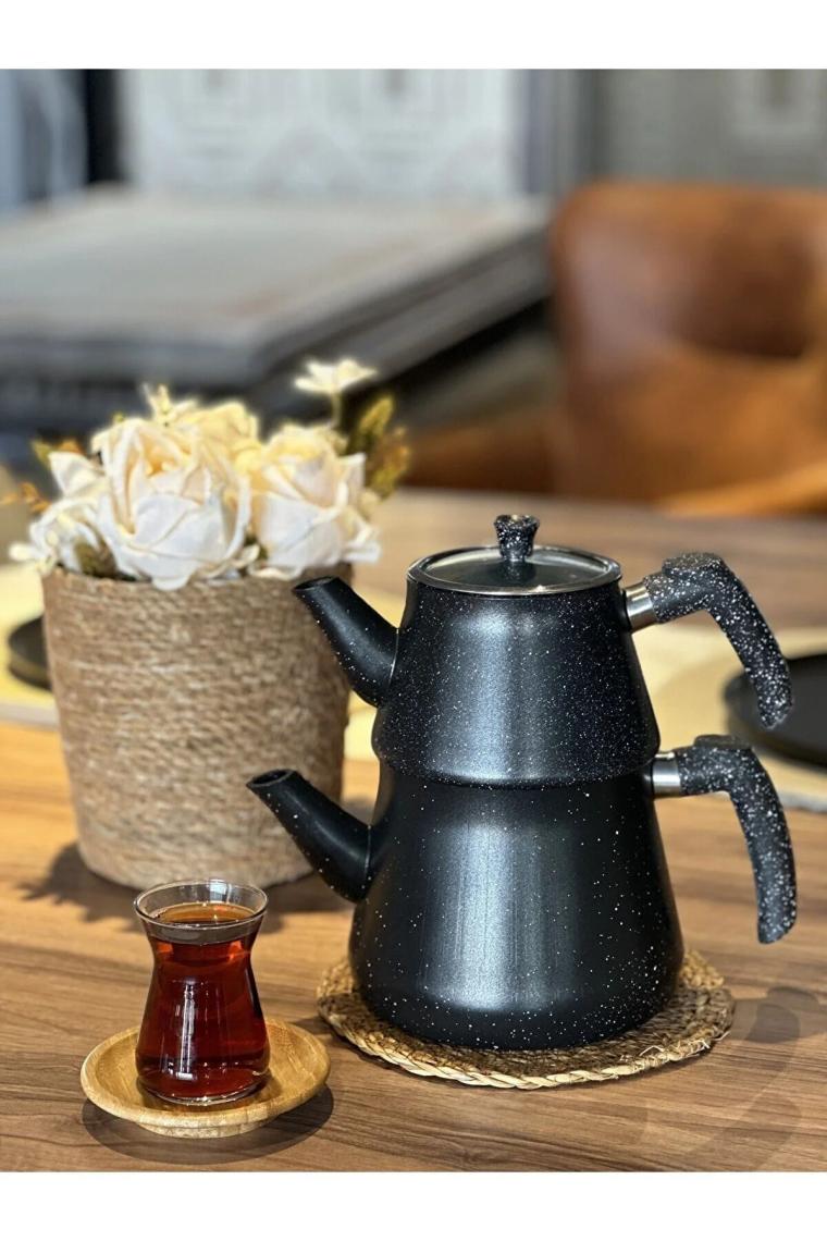YUNUSOĞLU HOME Granit Kaplama Piramit Cam Kapaklı Çaydanlık Siyah