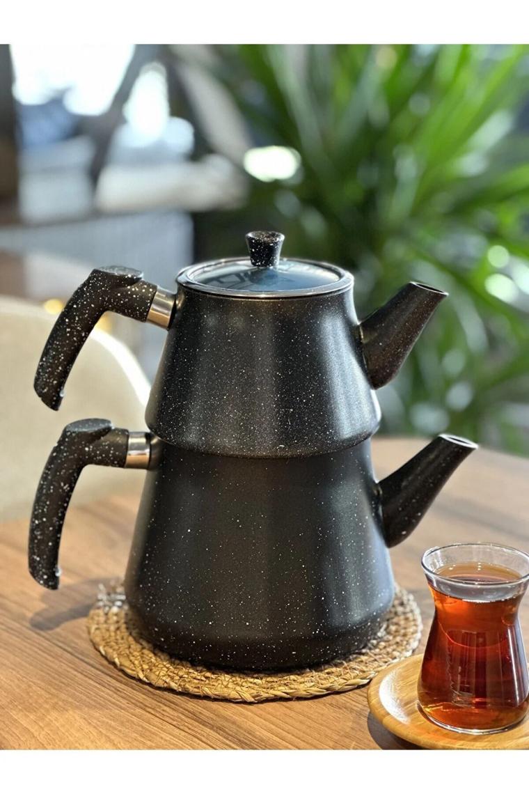 YUNUSOĞLU HOME Granit Kaplama Piramit Cam Kapaklı Çaydanlık Siyah