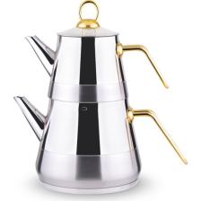 Lines Piramit Altın Metal Kulp Kendinden Süzgeçli Çelik Çaydanlık Mini Boy