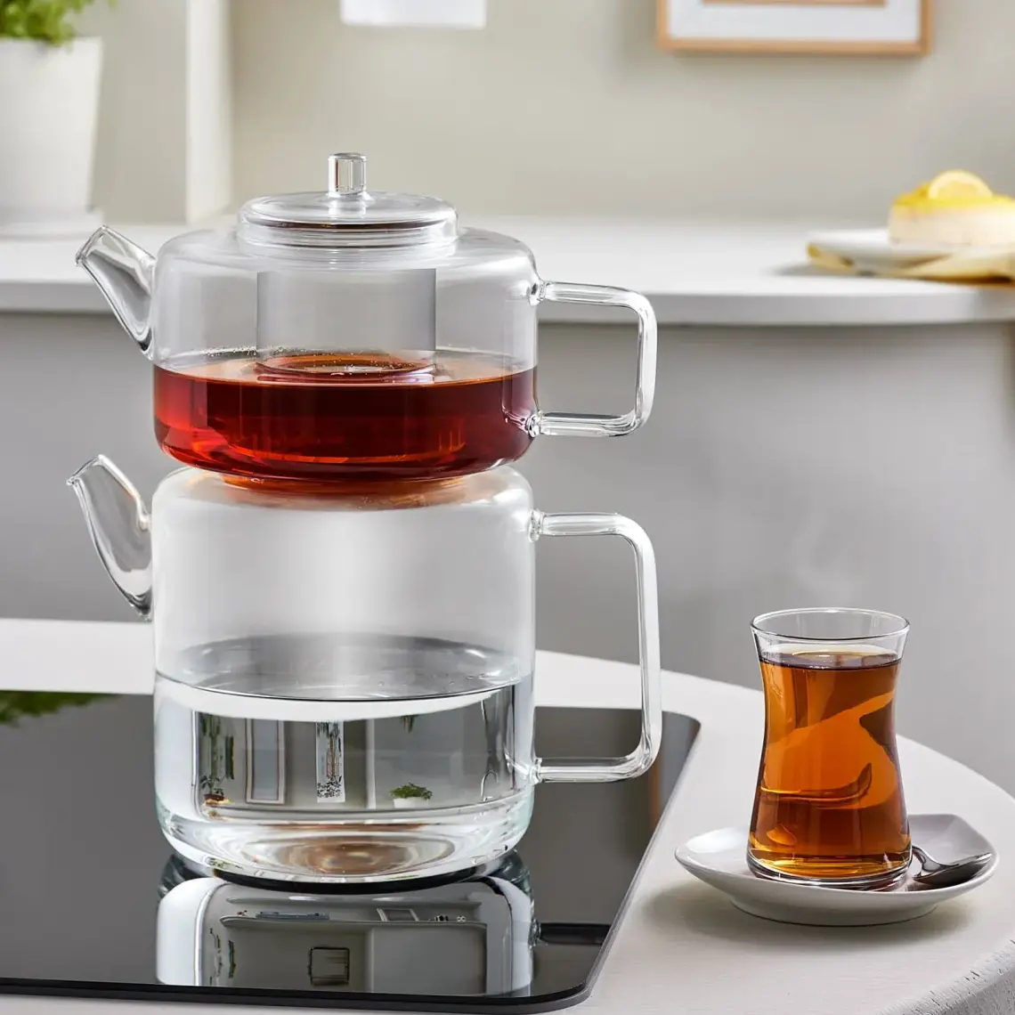 Arow Very Borosilikat Cam Çaydanlık Seti M-07 ''1100 ML-1800 Ml'' Şeffaf/mavi