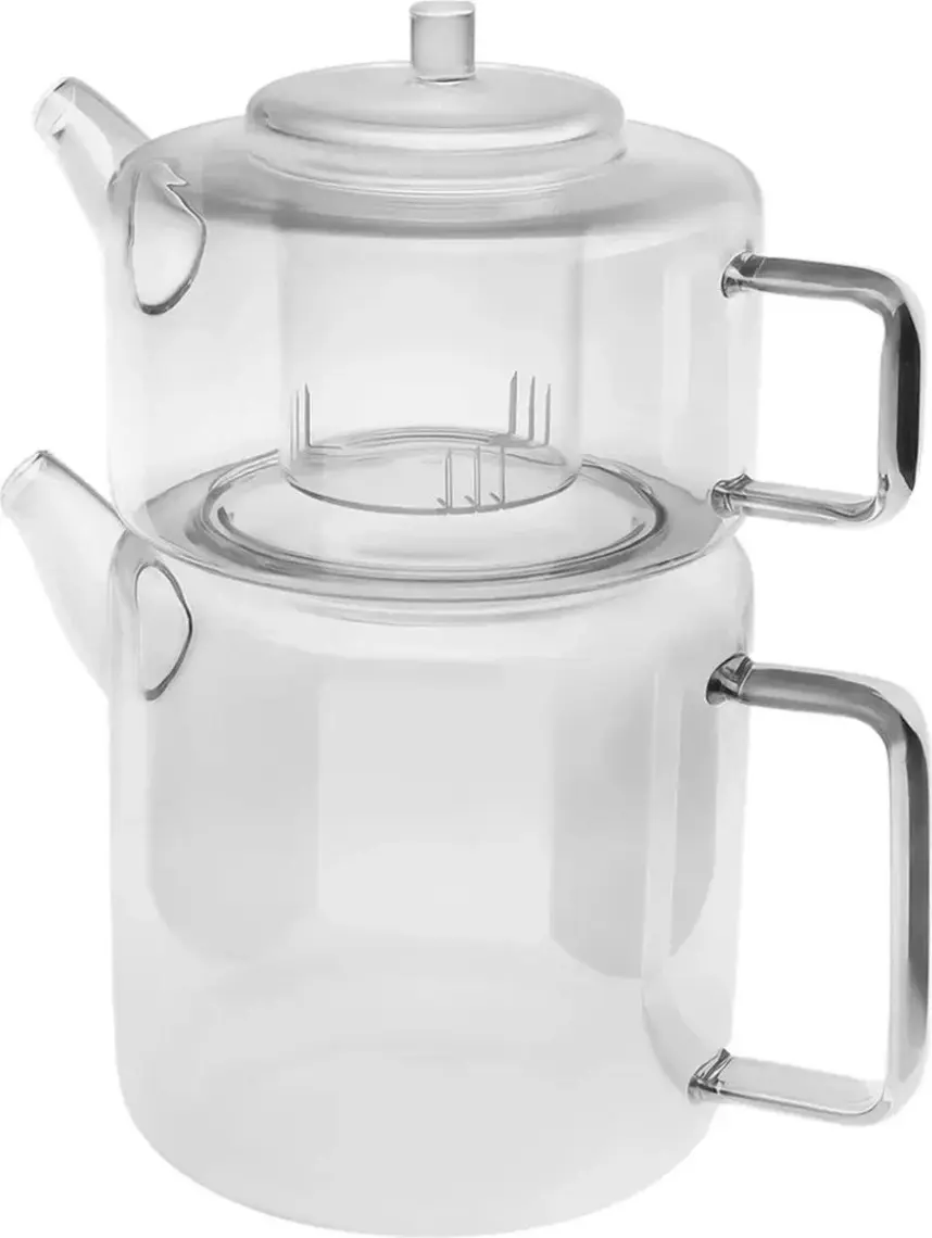 Arow Very Borosilikat Cam Çaydanlık Seti M-07 ''1100 ML-1800 Ml'' Şeffaf/mavi