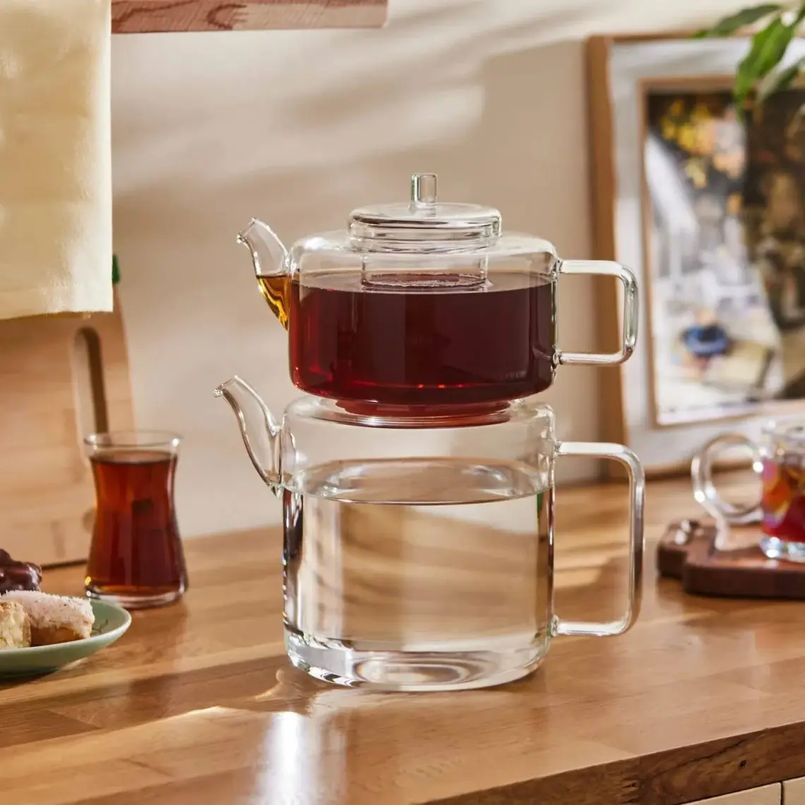 Arow Very Borosilikat Cam Çaydanlık Seti M-07 ''1100 ML-1800 Ml'' Şeffaf/mavi