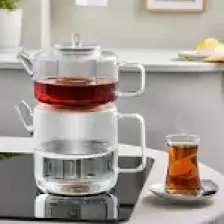 Arow Very Borosilikat Cam Çaydanlık Seti M-07 ''1100 ML-1800 Ml'' Şeffaf/mavi