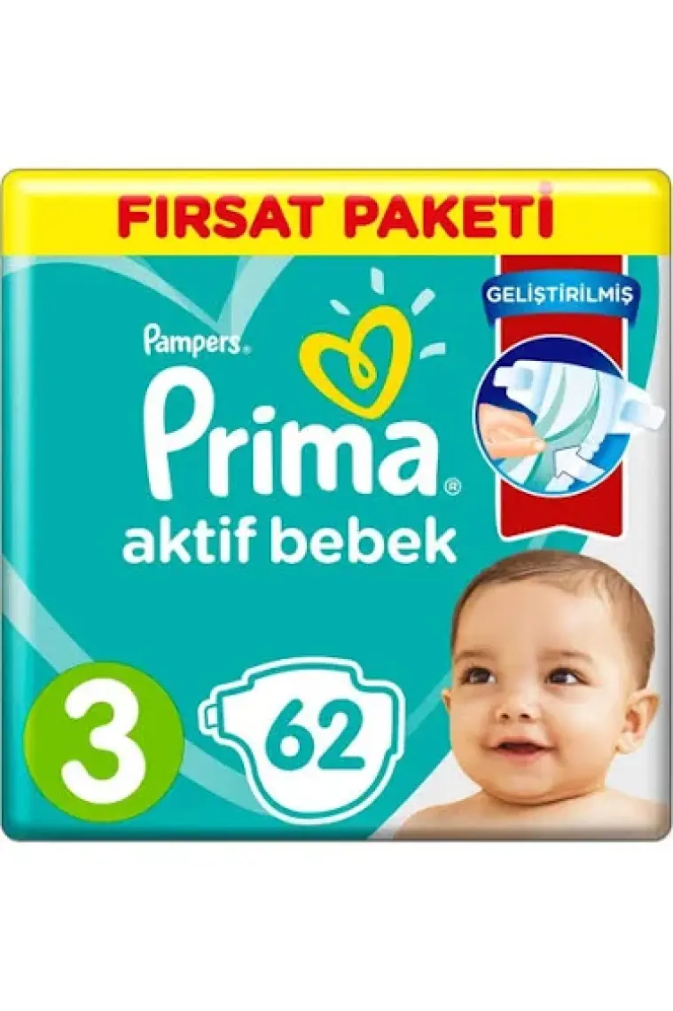 Prima Bebek Bezi Aktif Bebek 3 Beden 62 Adet Fırsat Paketi