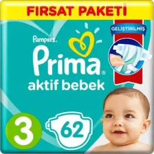 Prima Bebek Bezi Aktif Bebek 3 Beden 62 Adet Fırsat Paketi