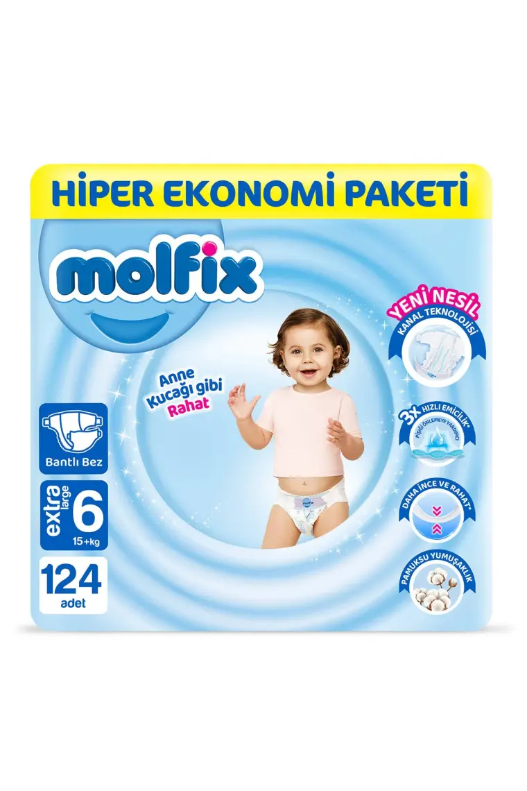 Molfix Bebek Bezi 6 Beden E.large Hiper Ekonomi Paketi 124 Adet