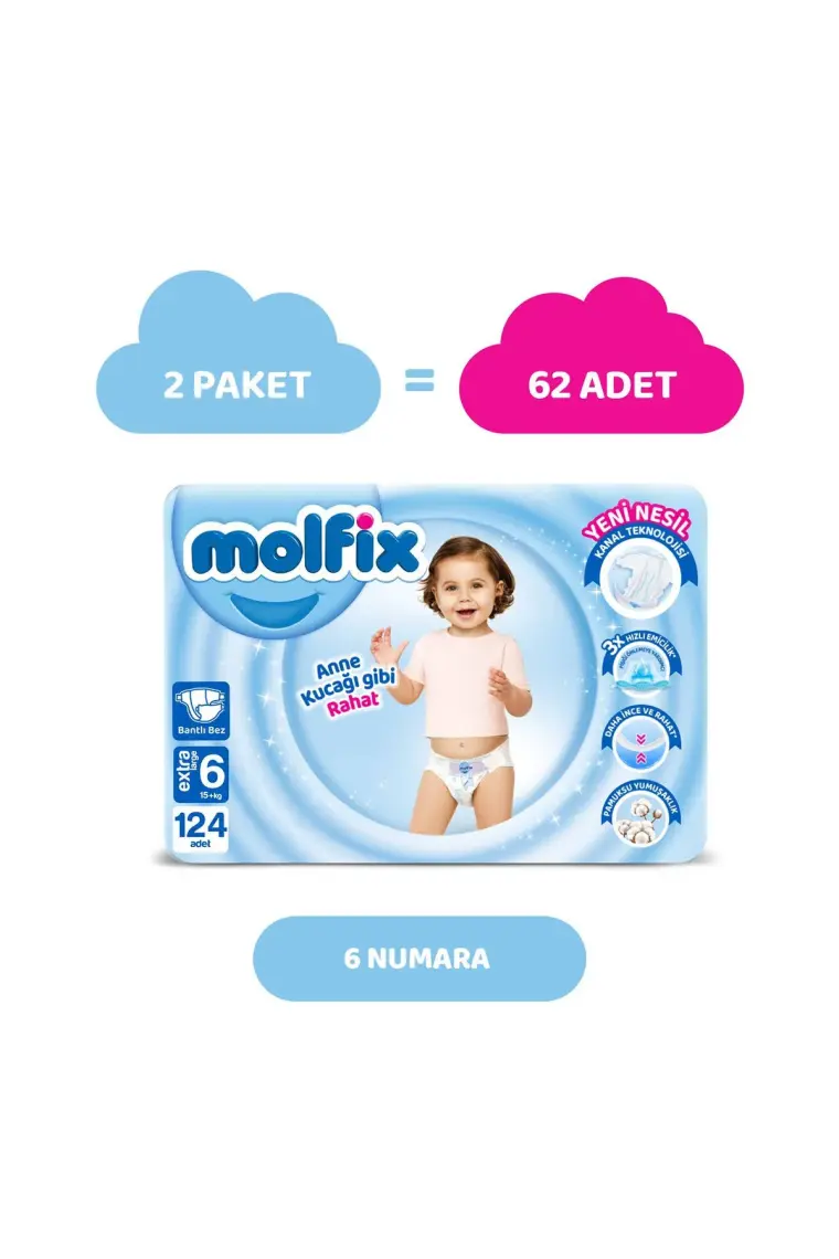 Molfix Bebek Bezi 6 Beden E.large Hiper Ekonomi Paketi 124 Adet