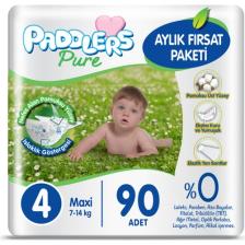 Paddlers Pure Bebek Bezi 4 Numara Maxi 90 Adet (7-14 Kg) Aylık Fırsat Paketi