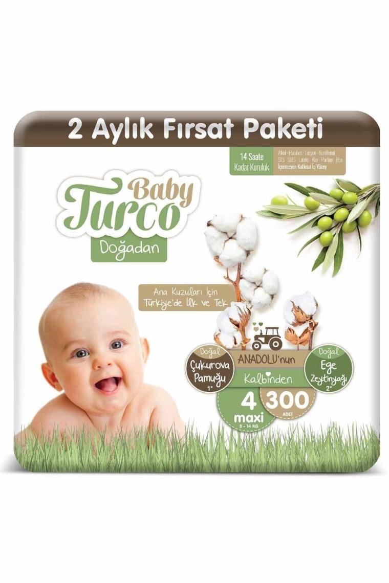 Baby Turco Doğadan 4 Numara 8-14 Kg Bantlı Bebek Bezi 300 Adet – Ekstra Gece Koruması, Yumuşak Ve Nefes Alabilir