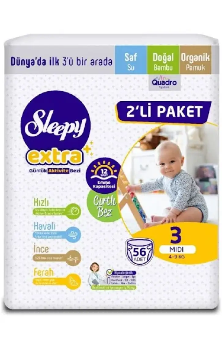 Sleepy Extra Günlük Aktivite Ekonomik Paket Bebek Bezi 3 Numara Midi 56'lı