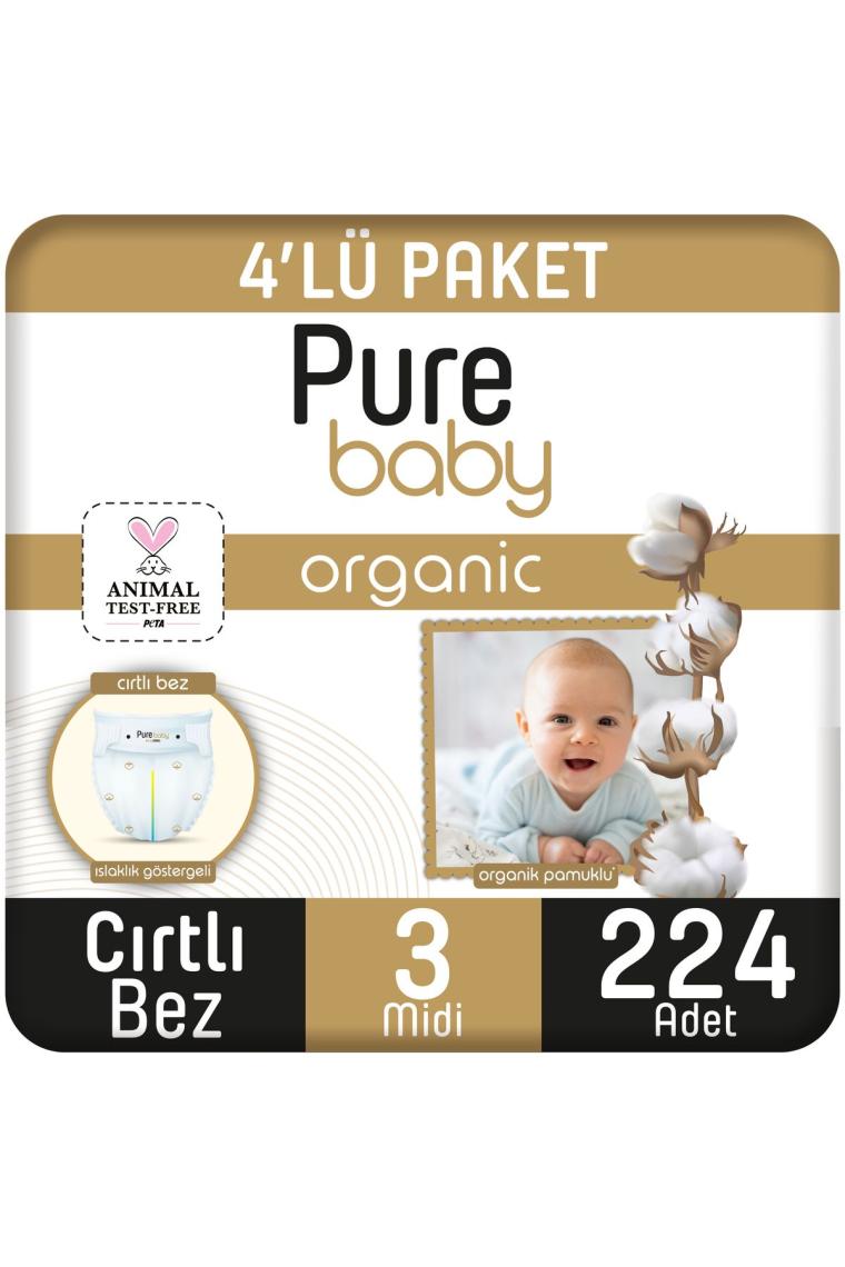 Pure Baby Organik Pamuklu Cırtlı Bez 4'lü Paket 3 Numara Midi 224 Adet