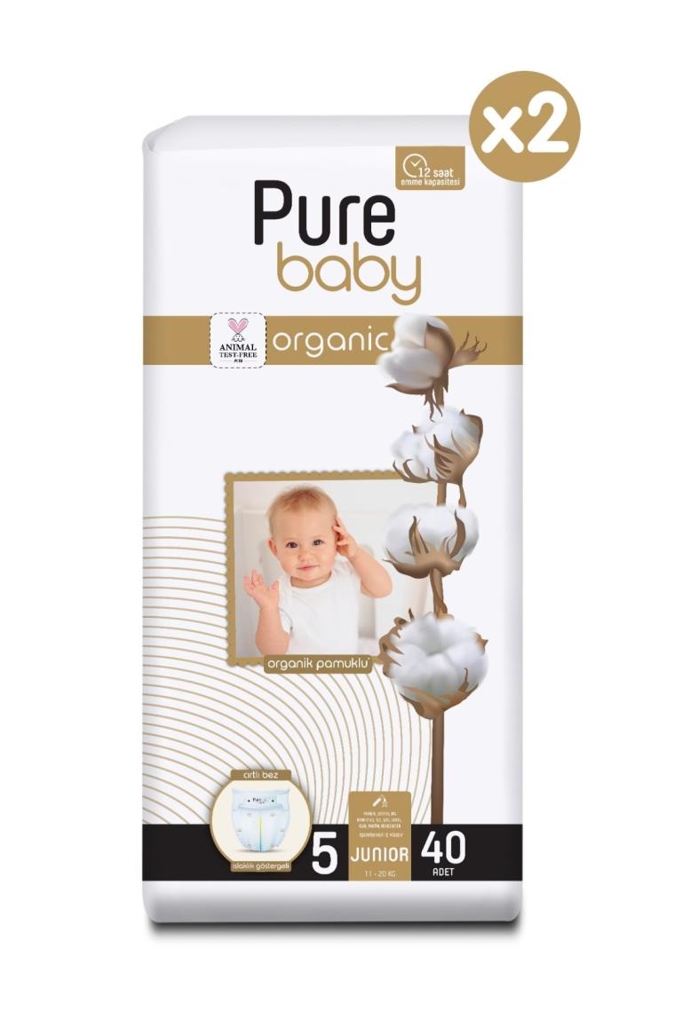 Pure Baby Organik Pamuklu Cırtlı Bez 2'li Paket 5 Numara Junior 80 Adet