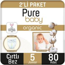 Pure Baby Organik Pamuklu Cırtlı Bez 2'li Paket 5 Numara Junior 80 Adet