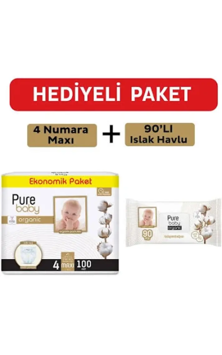 Pure Baby Organik Pamuklu Cırtlı Bez 4 Numara Maxi 100 Adet + Organik Pamuklu Islak Havlu 90 Yaprak