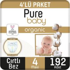 Pure Baby Organik Pamuklu Cırtlı Bez 4'lü Paket 4 Numara Maxi 192 Adet