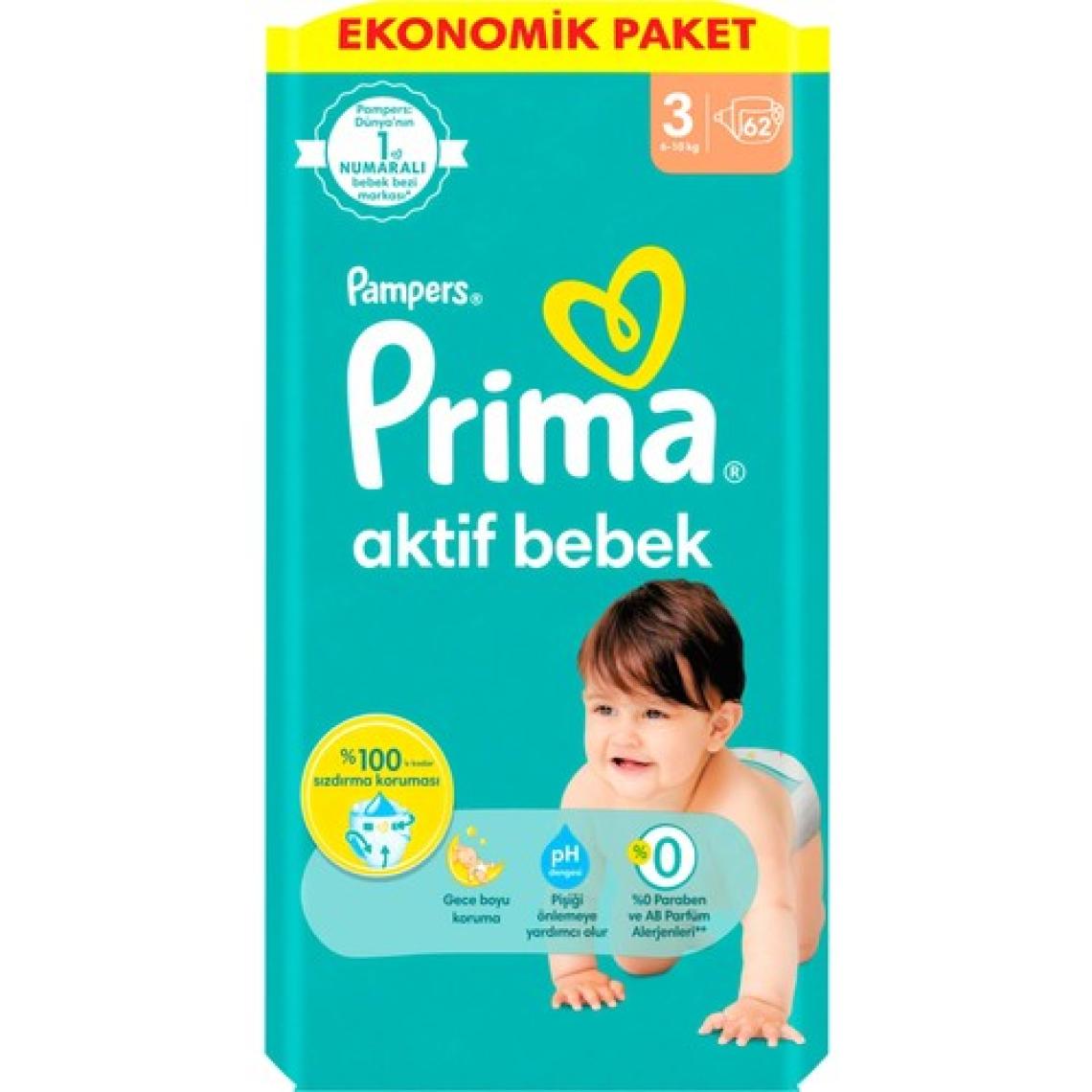 Prima Aktif Bebek; Bebek Bezi 3 Numara; 62 adet