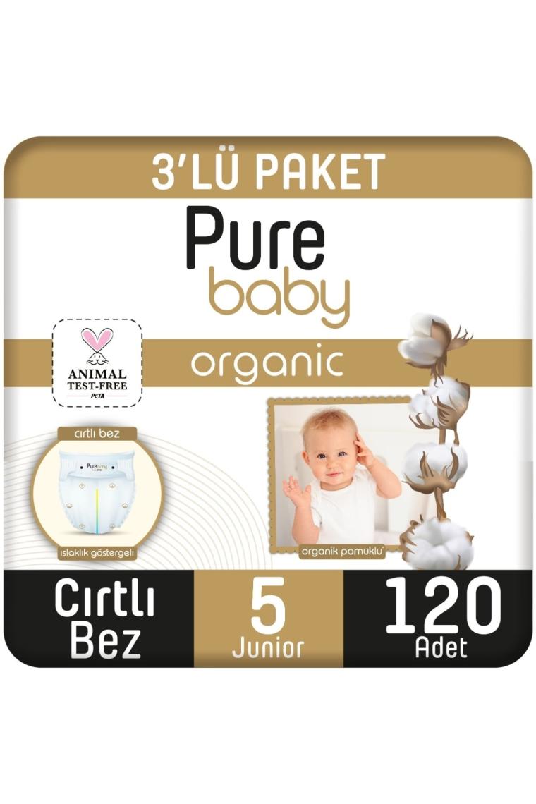 Pure Baby Organik Pamuklu Cırtlı Bez 3'lü Paket 5 Numara Junior 120 Adet