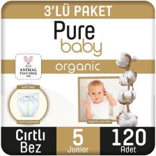 Pure Baby Organik Pamuklu Cırtlı Bez 3'lü Paket 5 Numara Junior 120 Adet