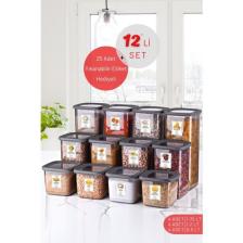 Nandy Home 12'li Set Etiketli, Kırılmaz Kare Erzak Saklama Kabı Antrasit X4 1,75 Lt/1,2 Lt/0,5 Lt