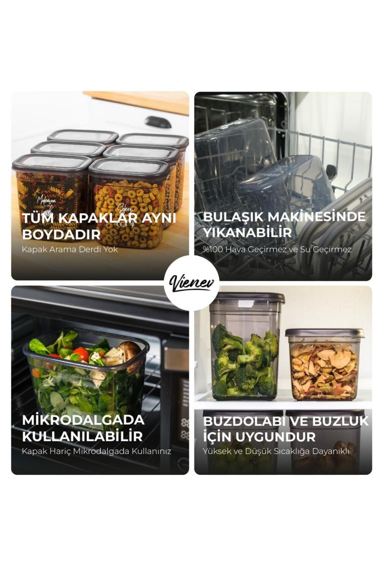 Beyaz Serigrafi Etiketli 6lı Peggy Dikdörtgen Saklama Kabı Seti 1500 Ml Antrasit