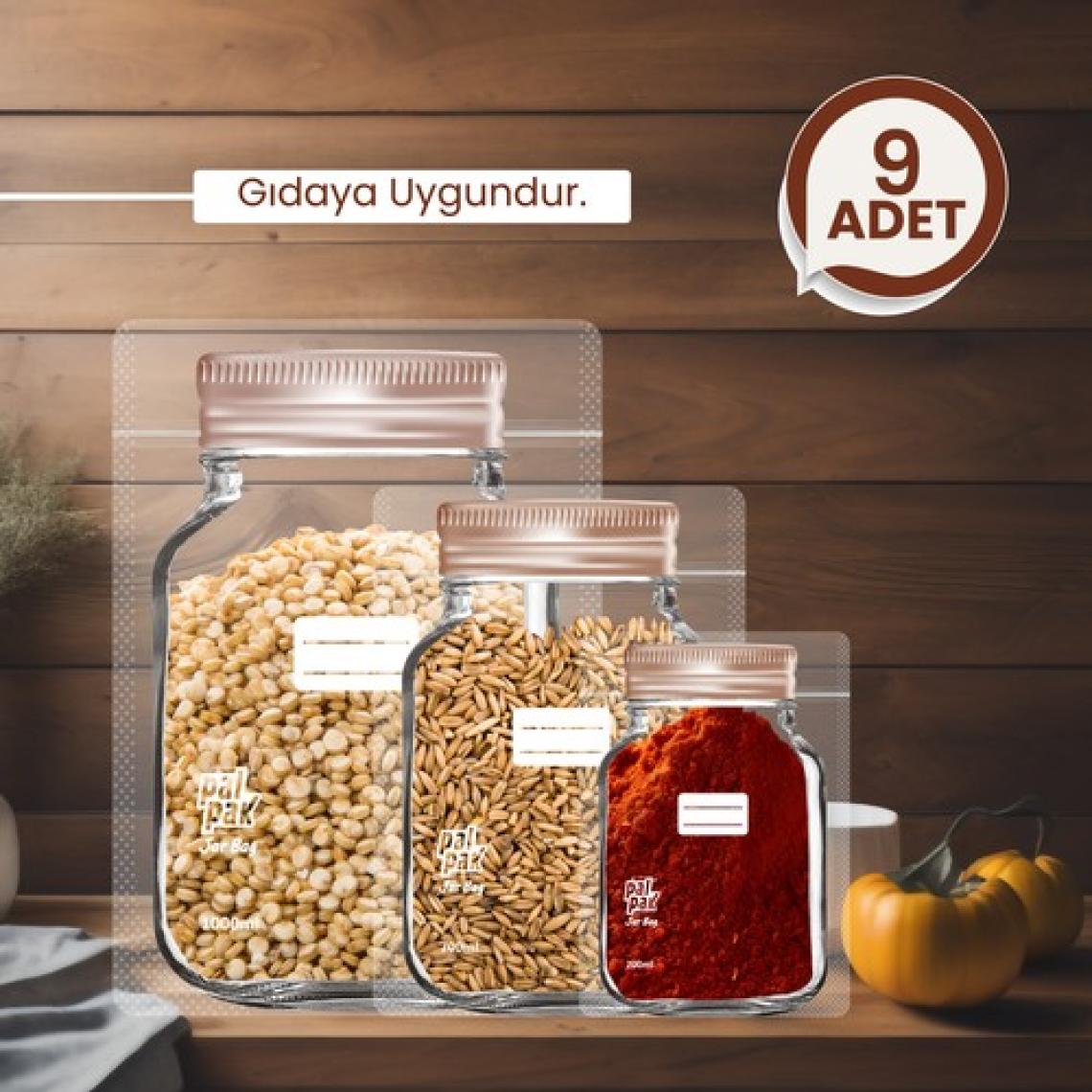 Palpak Bakır Metal Kapaklı Kavanoz Görünümlü Saklama Poşeti 9 Adet 3 Büyük 3 Orta 3 Küçük