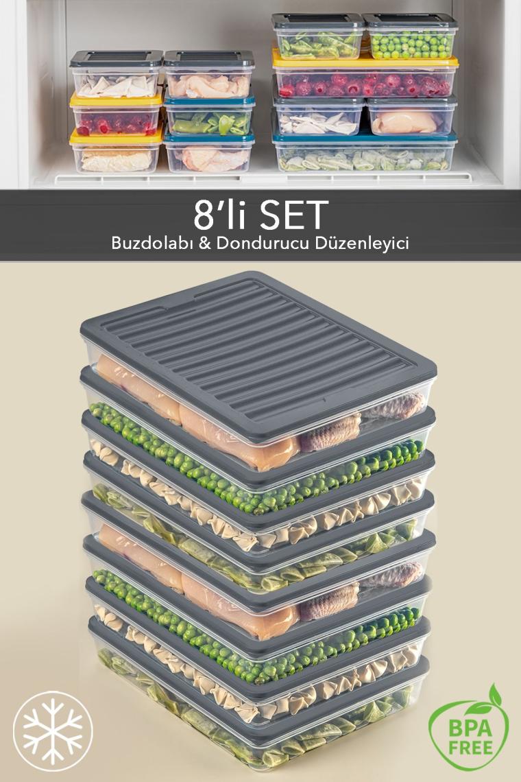 8'li Saklama Kabı , Mikrodalga Uyumlu Erzak Saklama Kabı Antrasit 8 X 2400 ml