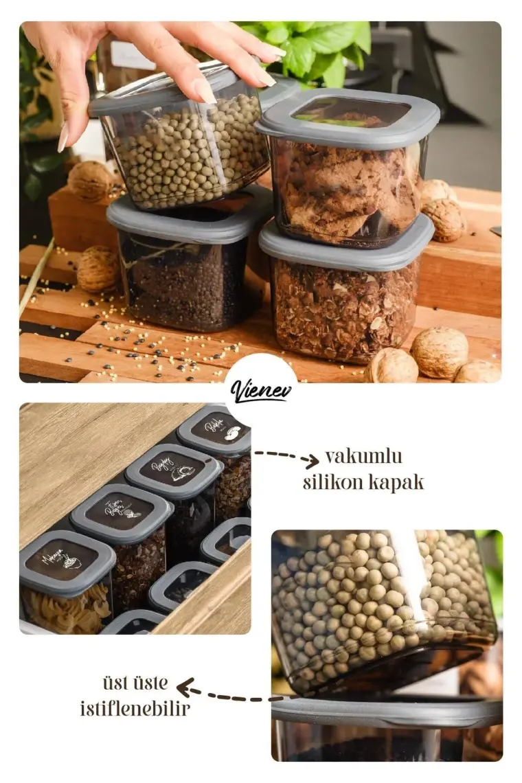 Beyaz Serigrafi Etiketli Kaşıklı Kare Erzak Saklama Kabı 12&apos;li Set Küçük Boy 0,55 Litre
