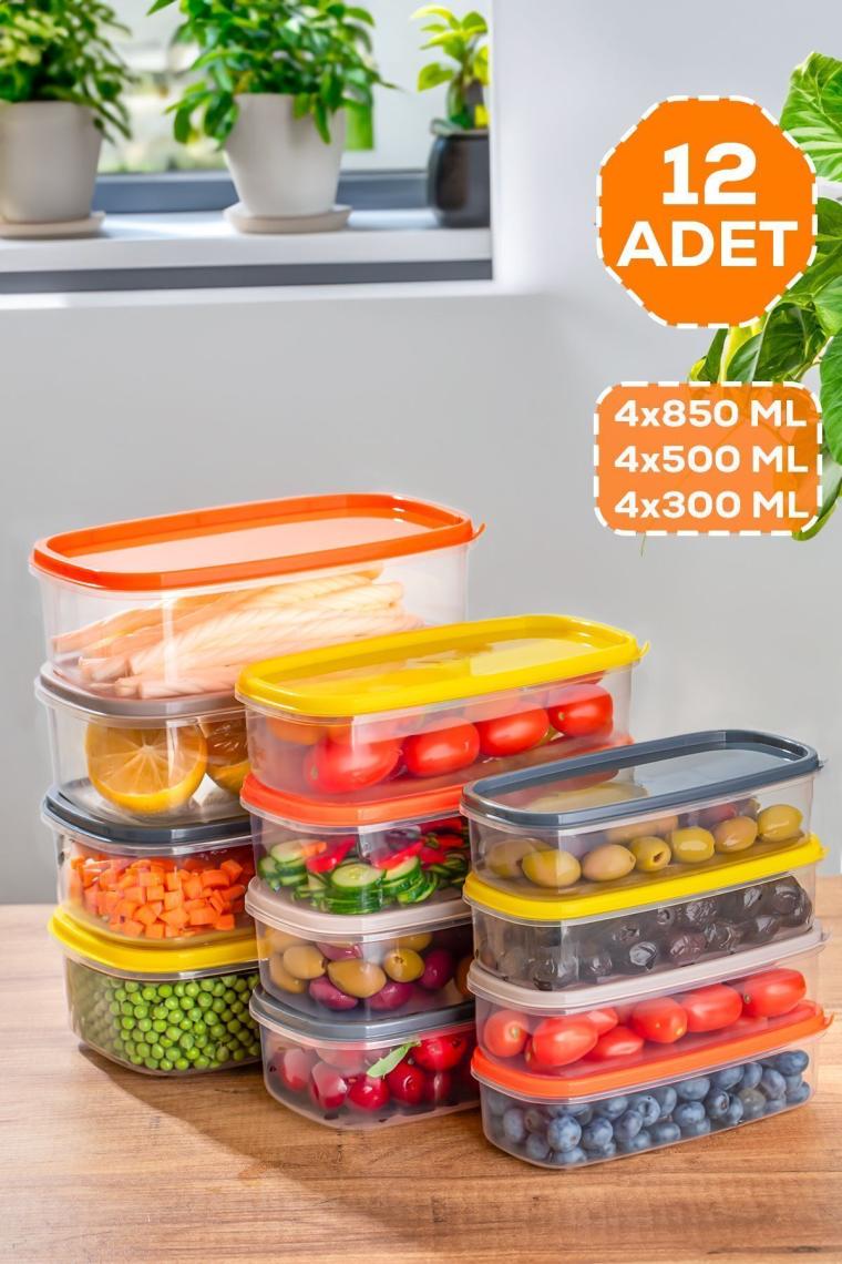1001 12 Li Dikdörtgen Plastik Saklama Kabı - Çok Amaçlı Gıda Erzak Saklama Kabı Seti