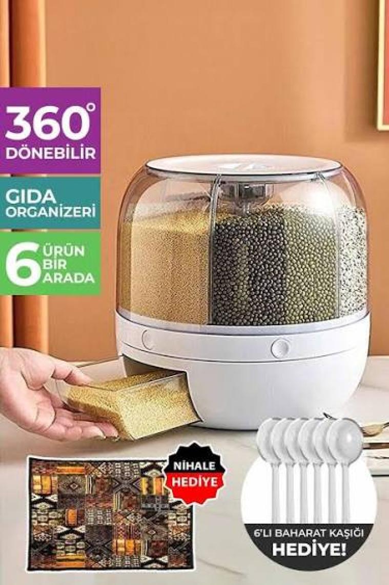 Pikas  6 kg Kapasiteli Gıda ve Bakliyat,  6 Gözlü, Organizeri 360 Derece Dönebilen, Baharat Kaşığı ve Nihale Hediye