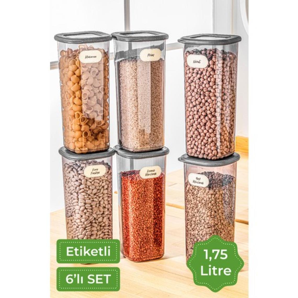 Vienev Etiketli Kare Erzak Saklama Kabı 6'lı Set Büyük Boy 1,75 Litre Antrasit