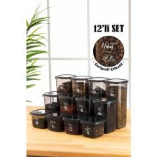 Vienev Serigrafi Etiketli Peggy Kare Erzak Saklama Kabı 12'li Set 4x(0,55 Litre, 1,2 Litre, 1,75 Litre) Antrasit