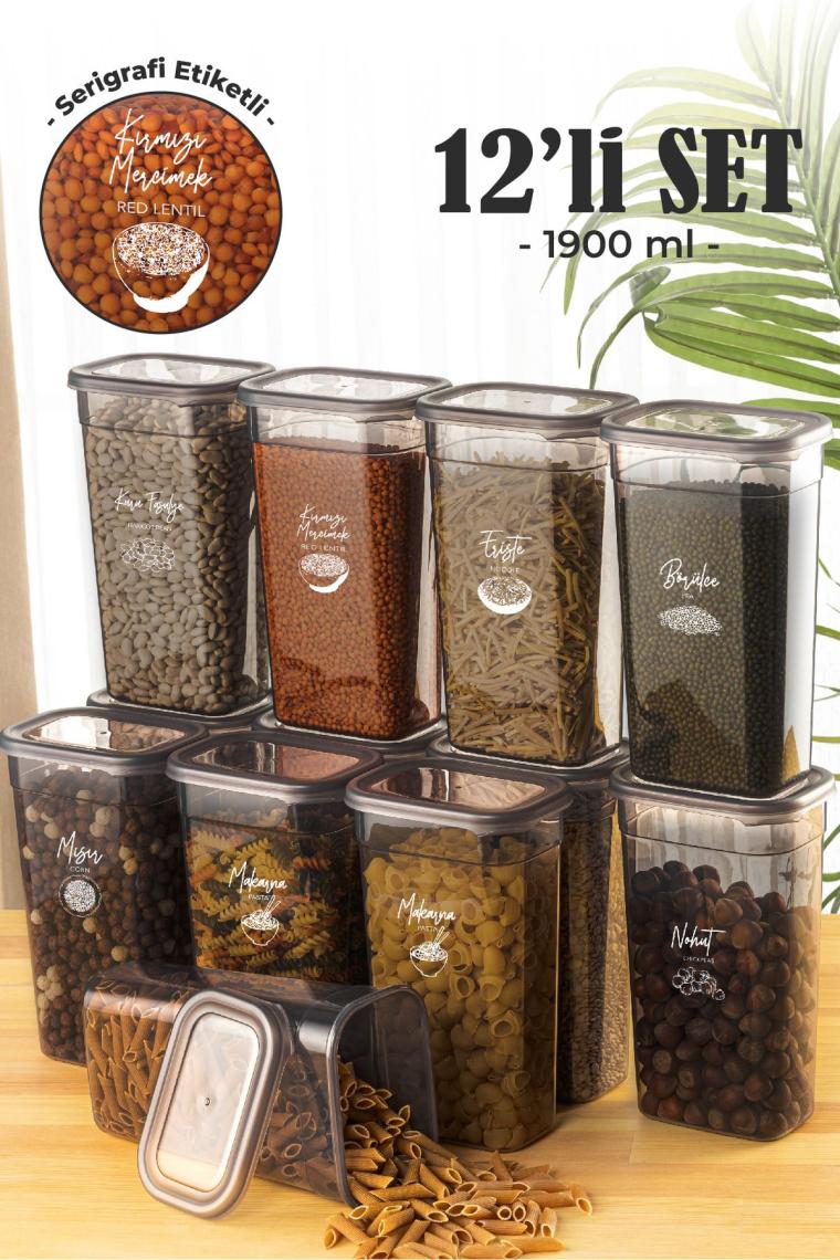 12'li 1,9 Litre Peggy Dikdörtgen Saklama Kabı Seti Serigrafi Etiketli