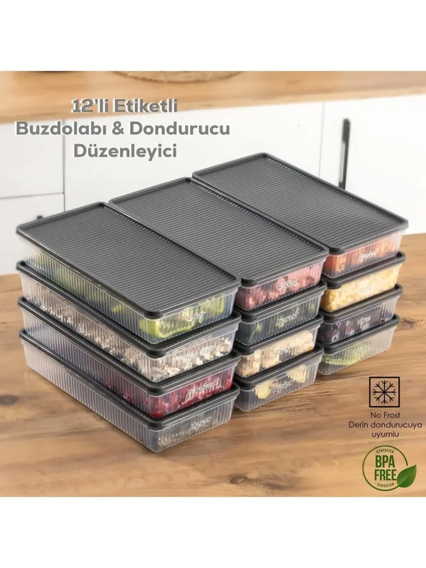Porsima 1128  12 Li Dikdörtgen No-Frost Etiketli Derin Dondurucu Çok Amaçlı Yiyecek Saklama Kabı Seti