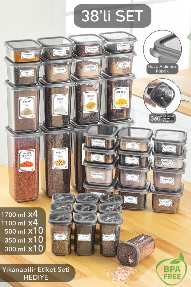38'li Kare Saklama Kabı Seti Baharatlık Seti 4x(1700ML 1100ML) 10x(500ML 350 ML 300 ML)