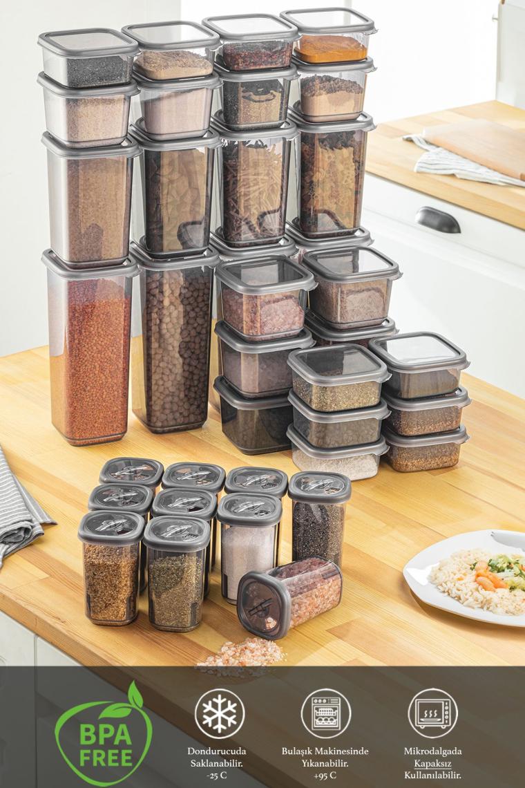 38'li Kare Saklama Kabı Seti Baharatlık Seti 4x(1700ML 1100ML) 10x(500ML 350 ML 300 ML)