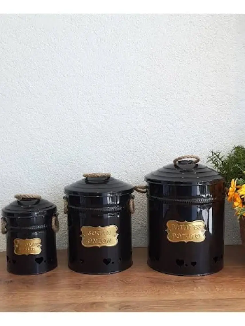 Yıldıray Metal Galvaniz 3'lü Patates Soğan Sarımsak Kovası Kutusu Siyah