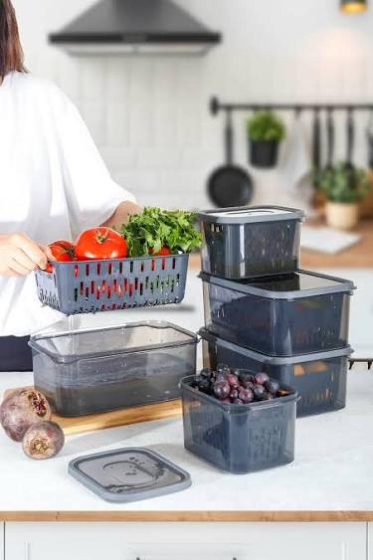 HOMENIVA 15 Parça Fresh Antrasit Süzgeçli Buzdolabı Saklama Seti