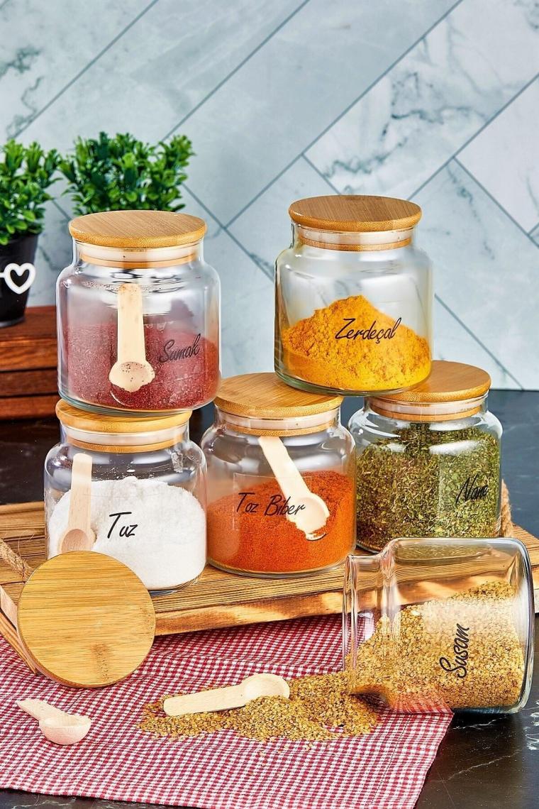 Fbz Home 6 Adet Kapaklı Etiketli 500 ml Cam Baharatlık Saklama Kabı ve 6 Adet Baharat Kaşığı